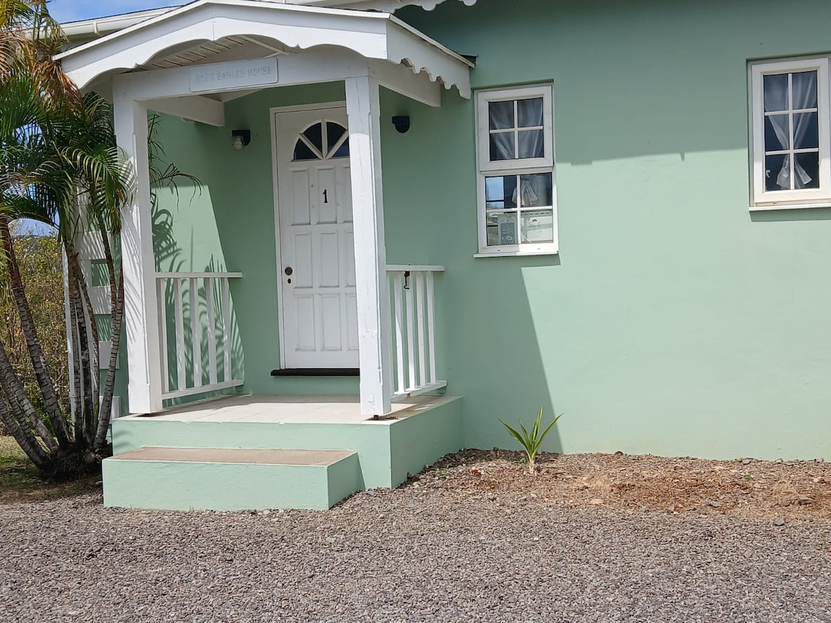 The entrance to the villa is showcased with a light green exterior and a welcoming white door. A small front porch supported by white railings is visible, complemented by a gravel pathway leading to the entrance. Nearby, tropical plants add a touch of greenery.