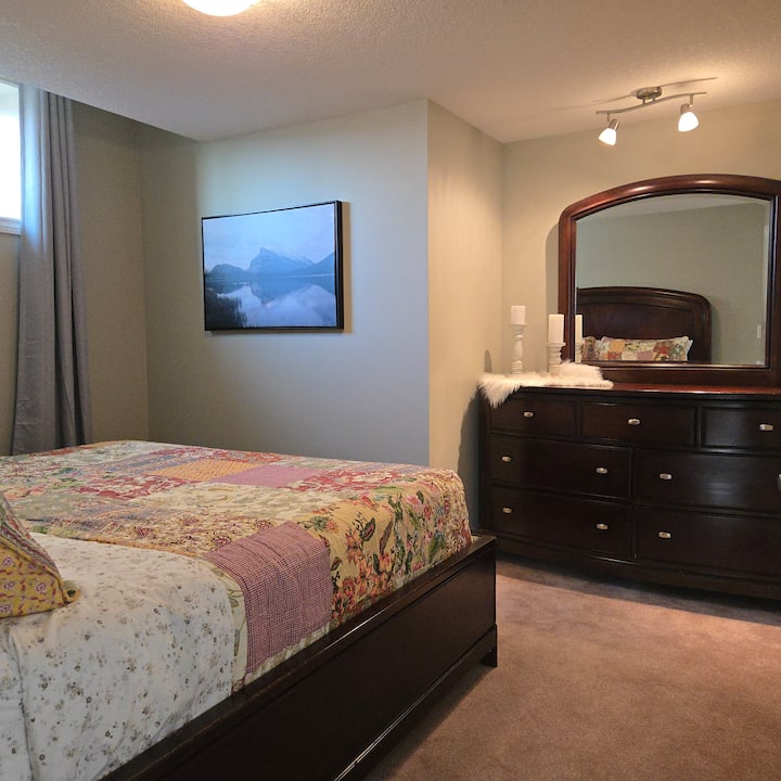 King-size bed with a deep, plush, high-thread-count sheets are designed for ultimate comfort and restful night's sleep. The large dresser provides ample space for personal items and clothing. Room-darkening curtains is ideal for sleeping.  