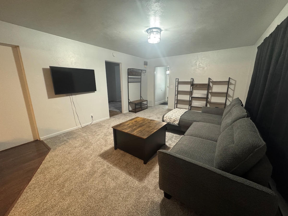 A spacious living area is furnished with a comfortable gray sofa and a wooden coffee table. A wall-mounted TV is positioned across from the seating. Light-colored walls and a dark curtain create a balanced contrast, while a bunk bed and a shelf are visible in the background.