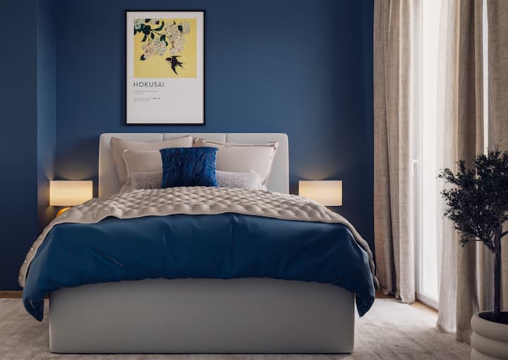 Soothing second bedroom in elegant blue - artistic wall design for relaxing nights