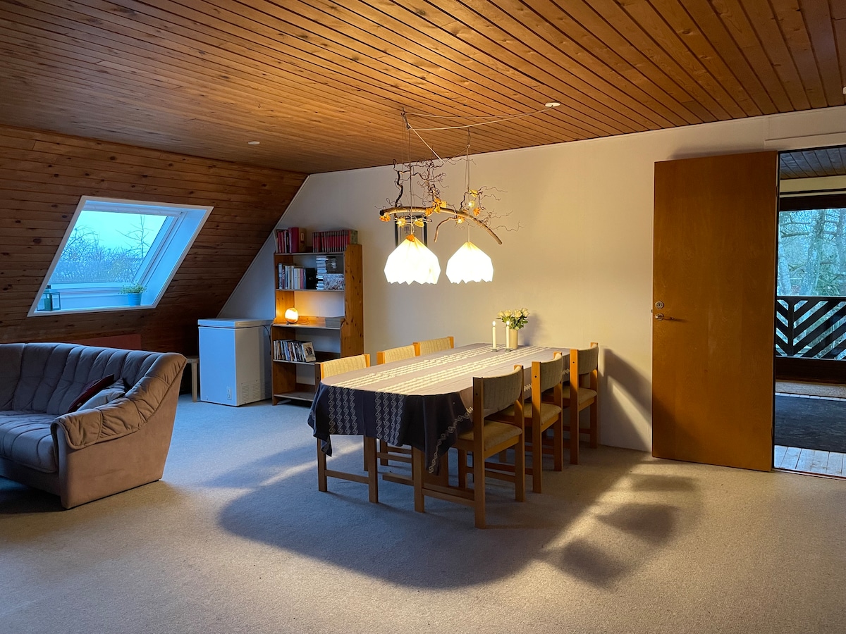 A spacious living area features a wooden ceiling and large skylight, allowing natural light to brighten the space. A rectangular dining table is surrounded by wooden chairs, while a cozy sofa sits nearby. A soft glow emanates from a decorative lamp, enhancing the calm ambiance.