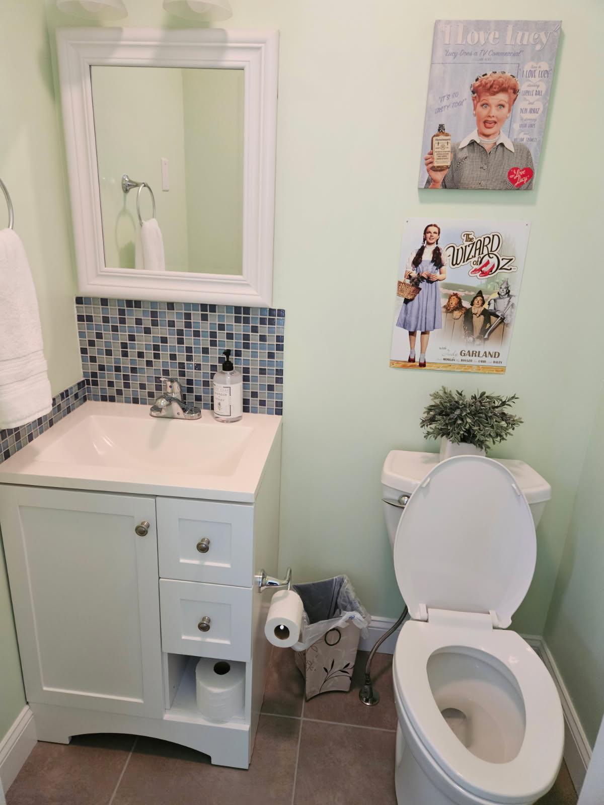 A well-appointed bathroom features a white vanity with a square sink and a decorative mirror. Colorful mosaic tiles accent the wall above the sink. A small plant adds a touch of greenery, and themed artwork decorates the wall. Essential toiletries and toilet paper are easily accessible.