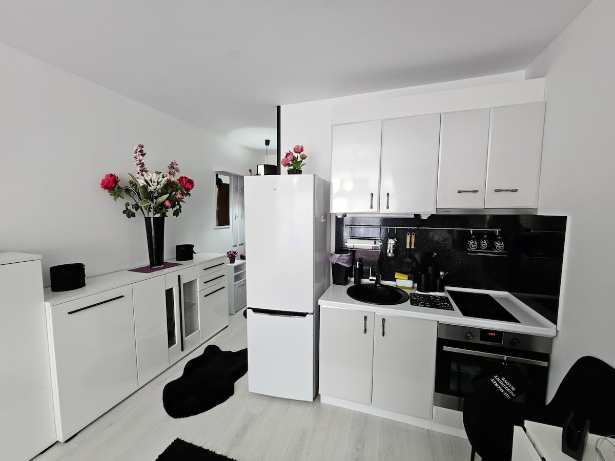 The kitchen area features modern white cabinetry with sleek black countertops. A large refrigerator stands prominently. A stove and oven are integrated into the countertop, alongside a sink. Decorative flowers in a vase add a touch of color to the space, enhancing the overall design.