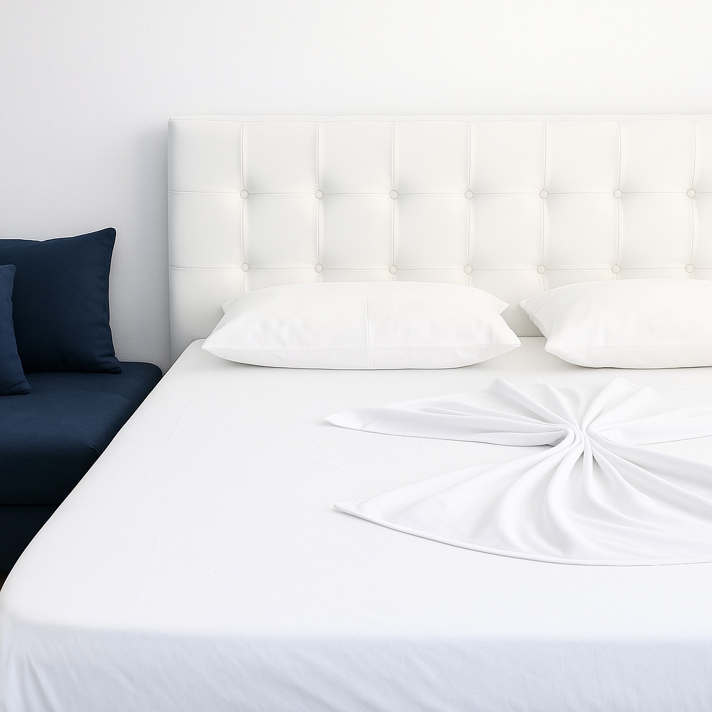 A clean and minimalistic sleeping area features a spacious bed with a white tufted headboard. Soft pillows rest against the headboard, and a neatly arranged white bedspread adds a touch of elegance. A dark blue accent sofa is positioned beside the bed.