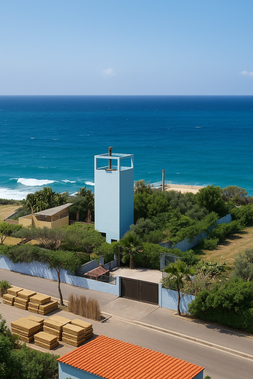 An aerial view highlights a modern building with a light blue exterior surrounded by greenery. The ocean's waves gently lap at the shoreline nearby. A gated entrance leads into the property, with wooden materials stacked near the road, and the landscape emphasizes a peaceful coastal environment.