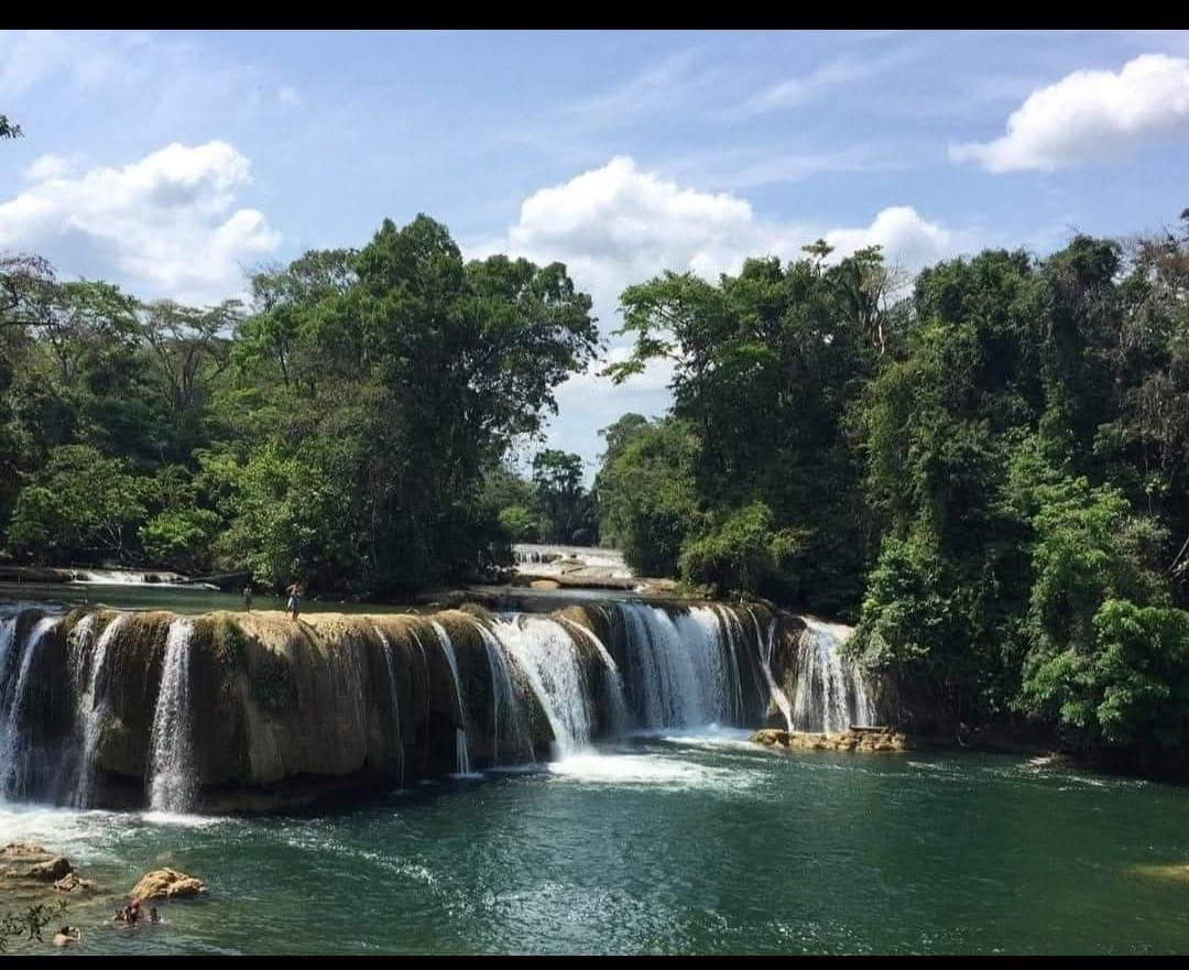A scenic view of cascading waterfalls is framed by lush greenery. The water flows over a rocky ledge into a clear pool below, reflecting the blue sky. Sunlight filters through the trees, enhancing the natural beauty of the serene landscape.