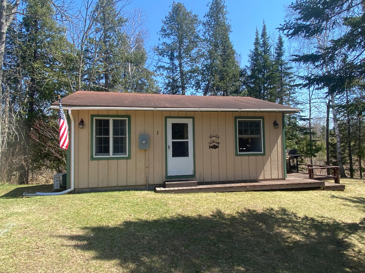 The cabin features a light-colored wooden exterior with a sloped roof. A front deck is present, with a seating area and a small grill. Two windows flank the entrance, and an American flag is displayed beside the door, surrounded by lush greenery.