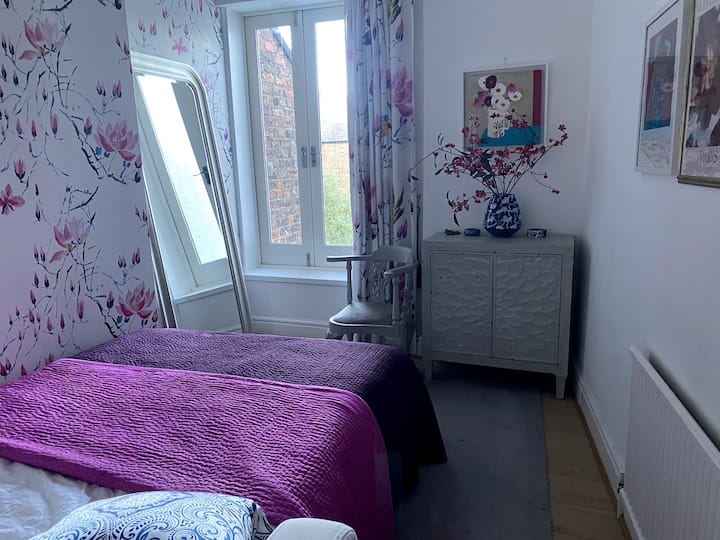 一楼时尚卧室，毗邻卫生间，配有舒适的双人沙发床。 