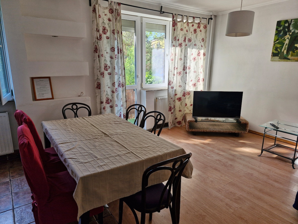 A dining area with a rectangular table set for six is illuminated by natural light entering through large windows. A television is positioned on a stand against a wall, complemented by a glass coffee table. Decorative curtains featuring floral patterns frame the windows.