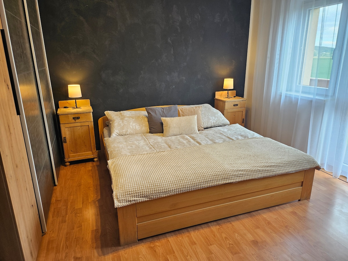 A spacious sleeping area features a large bed with a soft, neutral blanket. Two bedside lamps provide gentle lighting beside the bed. A dark accent wall contrasts with light wooden furniture, while natural light enters through a nearby window, framed by sheer white curtains.