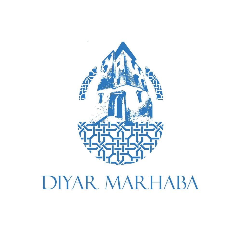 A logo for Diyar Marhaba features a stylized image of a traditional building topped with a triangular roof. Below, intricate geometric patterns are displayed in blue, forming a visually appealing base. The name 'DIYAR MARHABA' is clearly presented in bold lettering underneath.