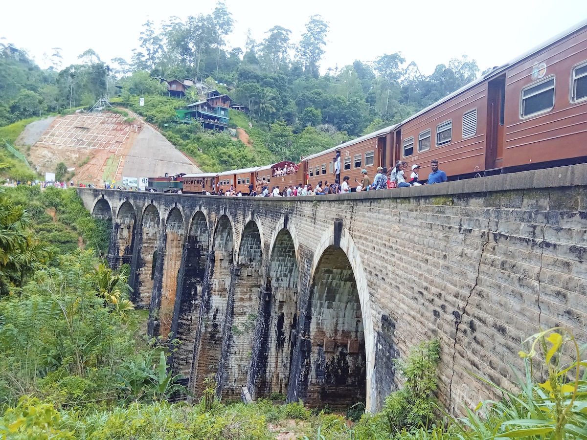 The Nine Arches Bridge spans a lush green valley, showcasing its distinct stone arches and supporting structure. A colorful train moves across the bridge, with passengers visible peering out of the windows. Dense forest surrounds the area, adding to the natural beauty of the scene.