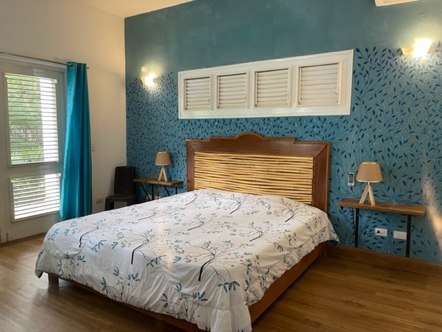 Slaapkamer 3 op de begane grond, kingsize bed met grote kleedkamer + badkamer en eigen toilet.
Airconditioning + plafondventilator
Terras