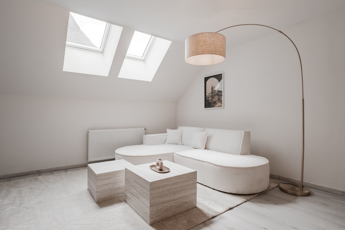 A spacious living area features a rounded white sofa and a rectangular coffee table, positioned on a soft area rug. Two skylights bring in natural light, illuminating the light-colored walls and minimalist decor. A floor lamp stands beside the sofa, enhancing the open atmosphere.