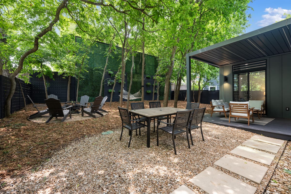 Backyard dining under the trees
