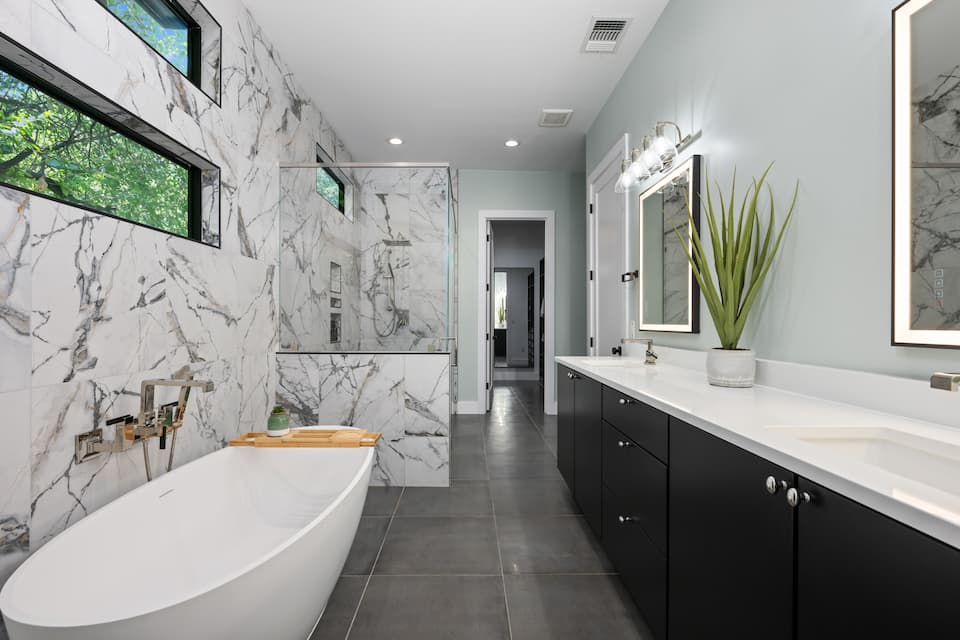 Marble bathroom with freestanding tub