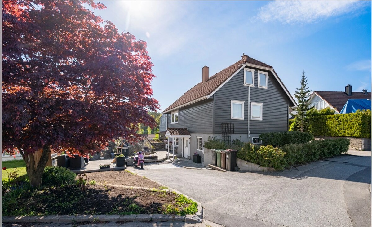 A charming house sits within a spacious yard, surrounded by lush greenery and a colorful flowering tree. The property features a paved driveway with ample parking space, allowing for convenience and accessibility. Clear blue skies reflect a serene atmosphere.