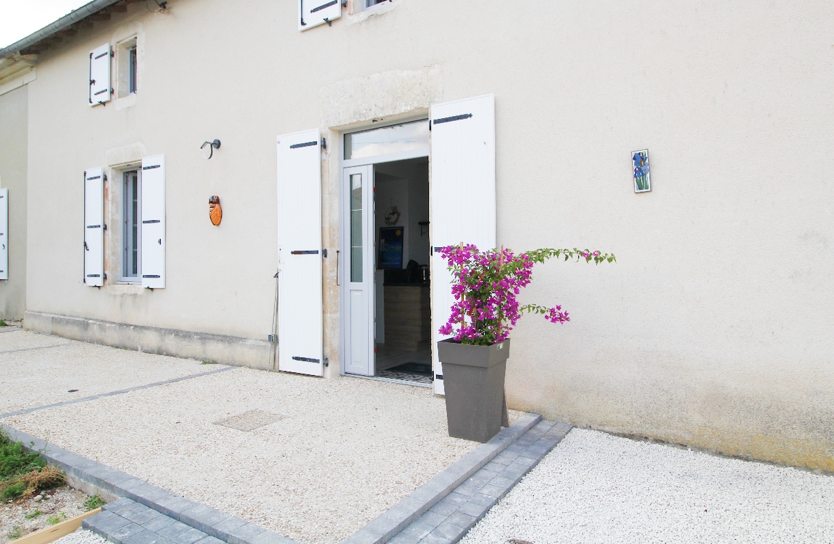 The entrance of the property features a light-colored facade with traditional shutters. A large, flowering plant in a modern pot is positioned by the well-defined pathway, which is bordered by gravel and pavers, inviting guests into the welcoming interior.
