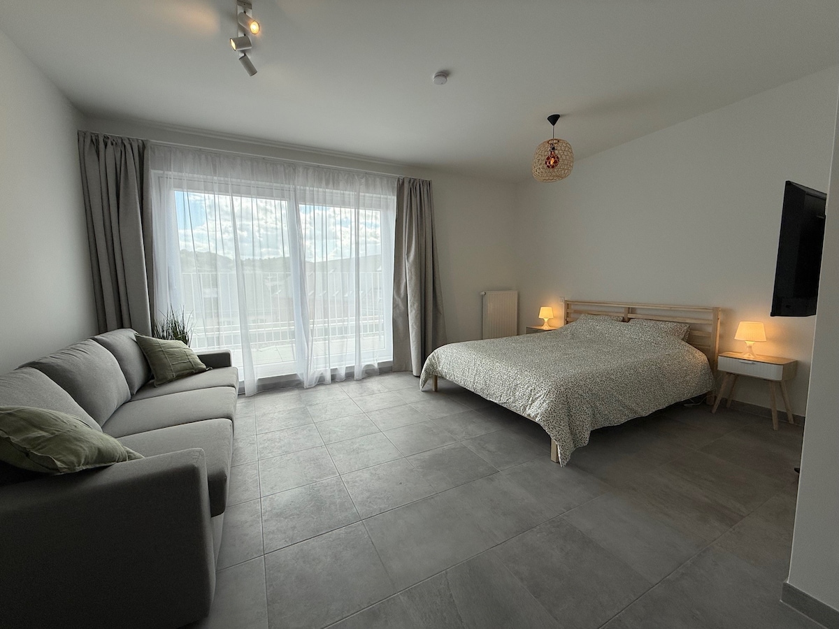 A bright and airy living space features a spacious bed and a comfortable sofa. Large windows adorned with light curtains allow natural light to fill the room, creating a serene environment. Soft bedside lamps provide gentle illumination beside the bed.