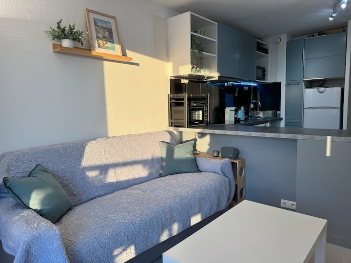 Дневната соба го дели својот простор со опремената кујна. Просторот за спиење е одделен со шанкот, каде што е можно да има и оброци.