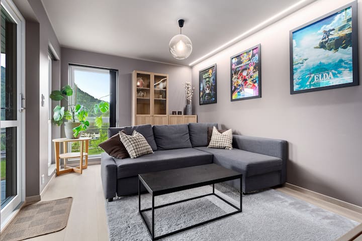 Sebule ya chini ya ghorofa iliyo na kitanda cha sofa (sentimita 120) na televisheni iliyo na huduma za kutazama video mtandaoni.