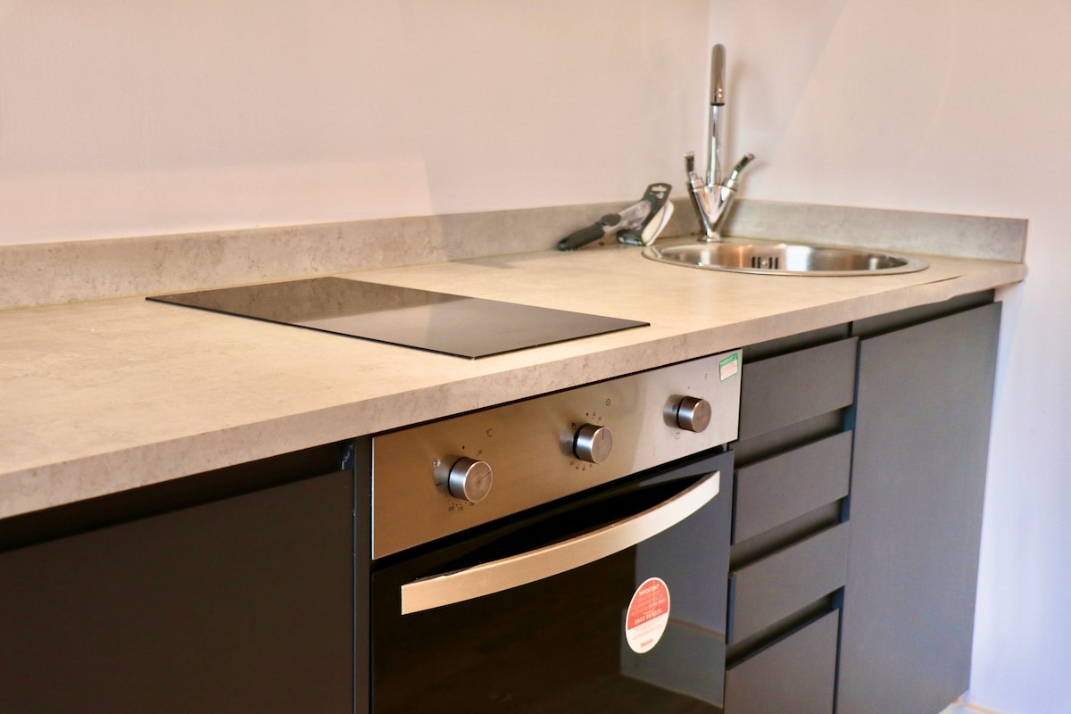 A modern kitchen area features a sleek countertop and a built-in induction cooktop. Below, an oven with a simple control panel is positioned alongside dark cabinetry. A stainless steel sink with a faucet adds functionality to this well-designed cooking space.