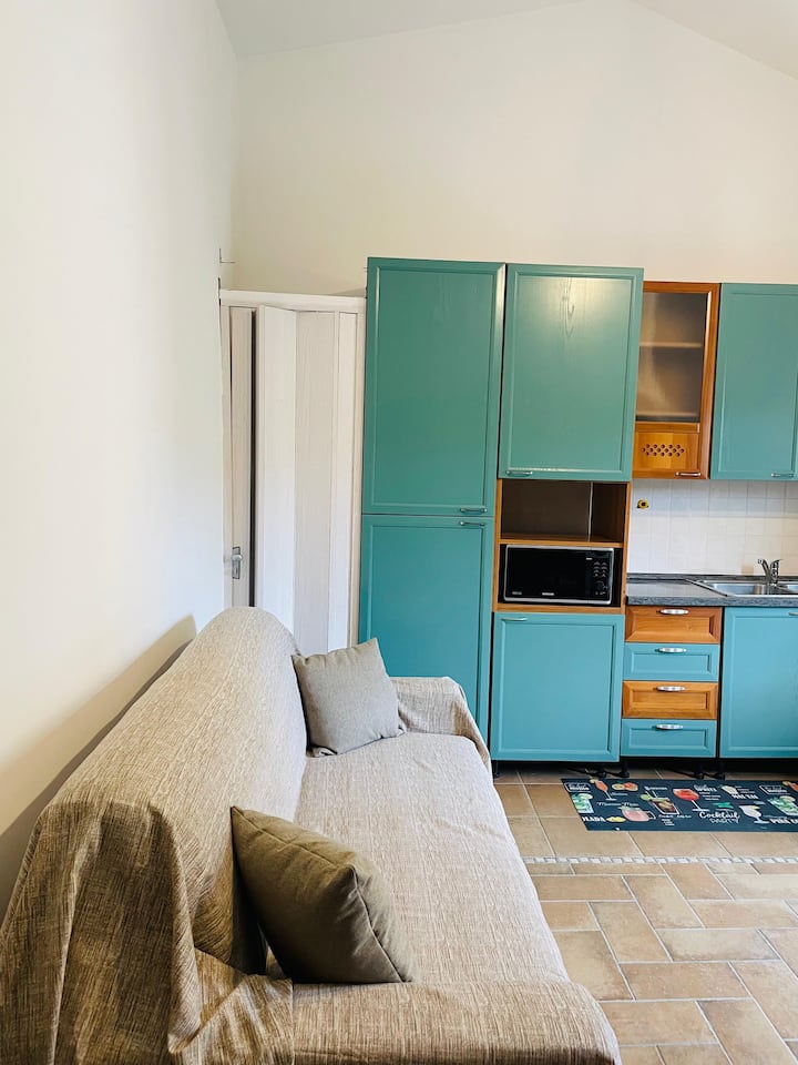 Bright and cosy living room with fully equipped open-plan kitchen, dining table and comfortable sofa bed. The tones of green and wood create a warm and relaxing atmosphere, perfect for moments of comfort and conviviality.