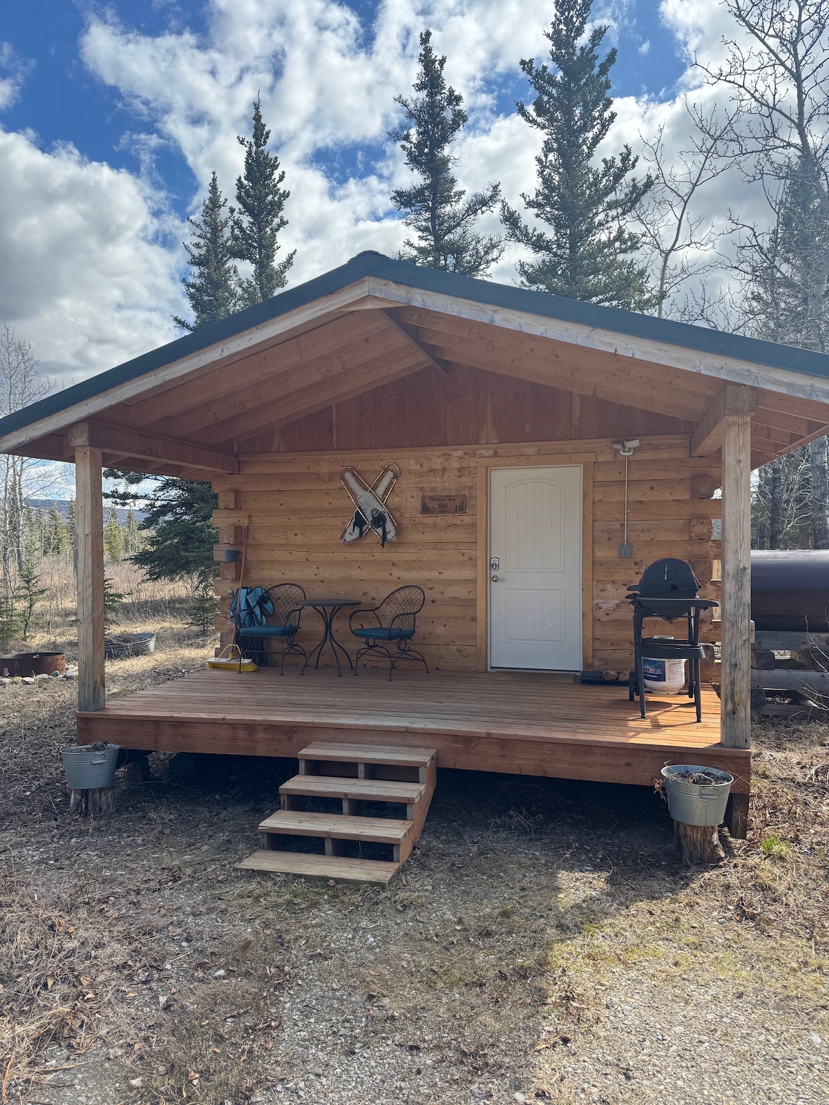 The cozy exterior of the cabin features a wooden facade with a covered porch. Two chairs and a small table are positioned on the porch, alongside a grill. The surrounding landscape includes trees and natural vegetation, offering a peaceful and private setting.