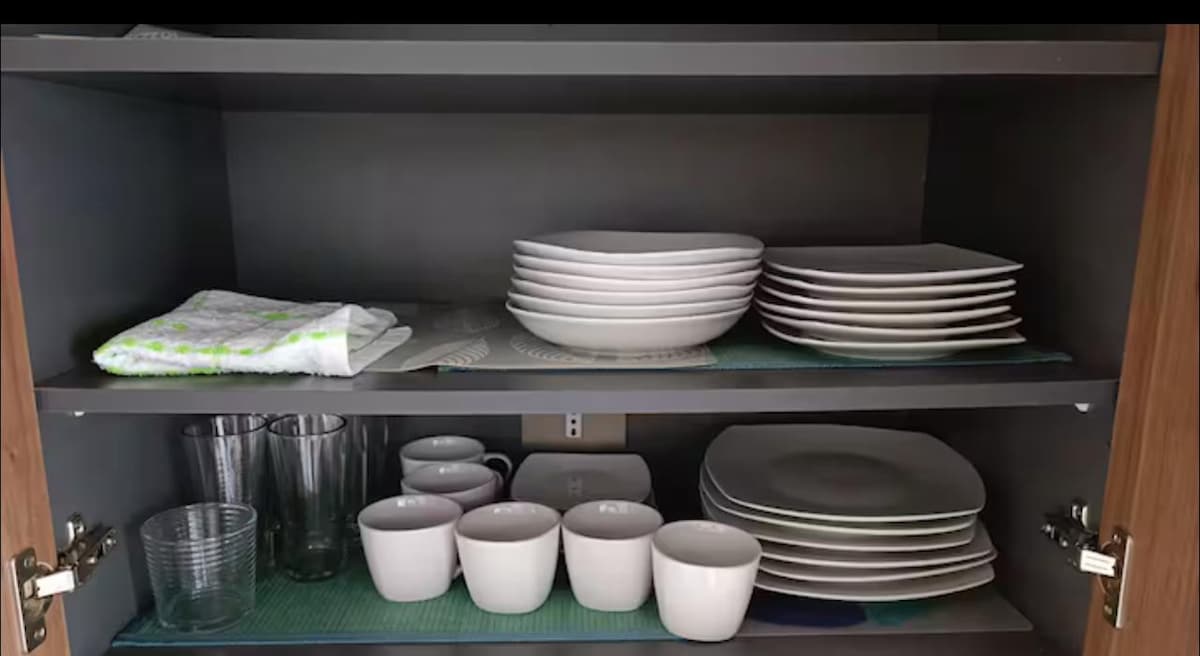 A kitchen cabinet is displayed, hosting a variety of dishware. The top shelf contains stacks of flat plates, bowls, and a napkin. The bottom shelf holds several glass cups and white mugs, organized neatly alongside plastic tumblers.