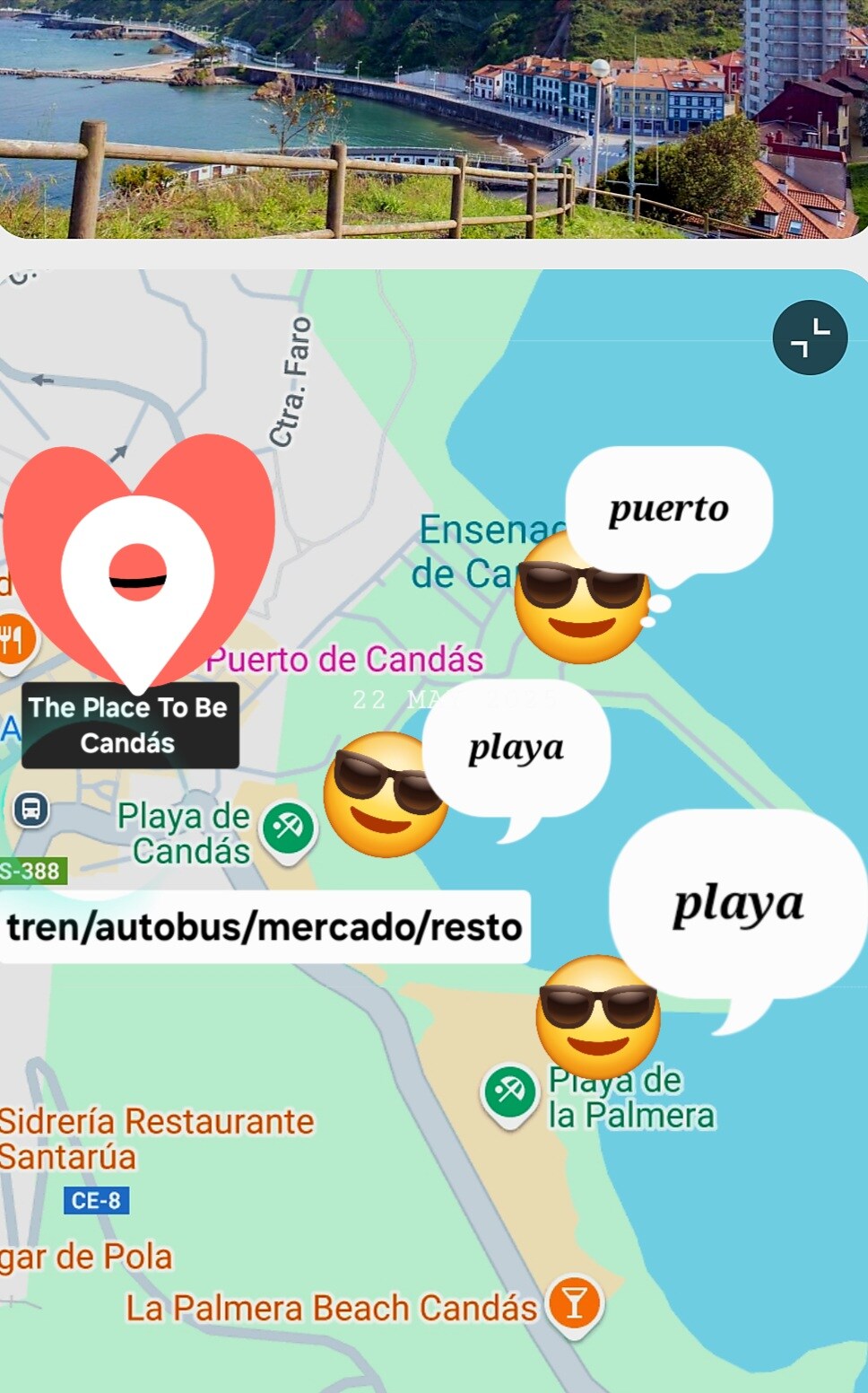 An aerial view presents the coastal landscape of Candás, featuring a vibrant blue sea and sandy beaches. A detailed map highlights key locations, including the harbor and various beach areas, emphasizing the proximity to local amenities such as transport options and markets.