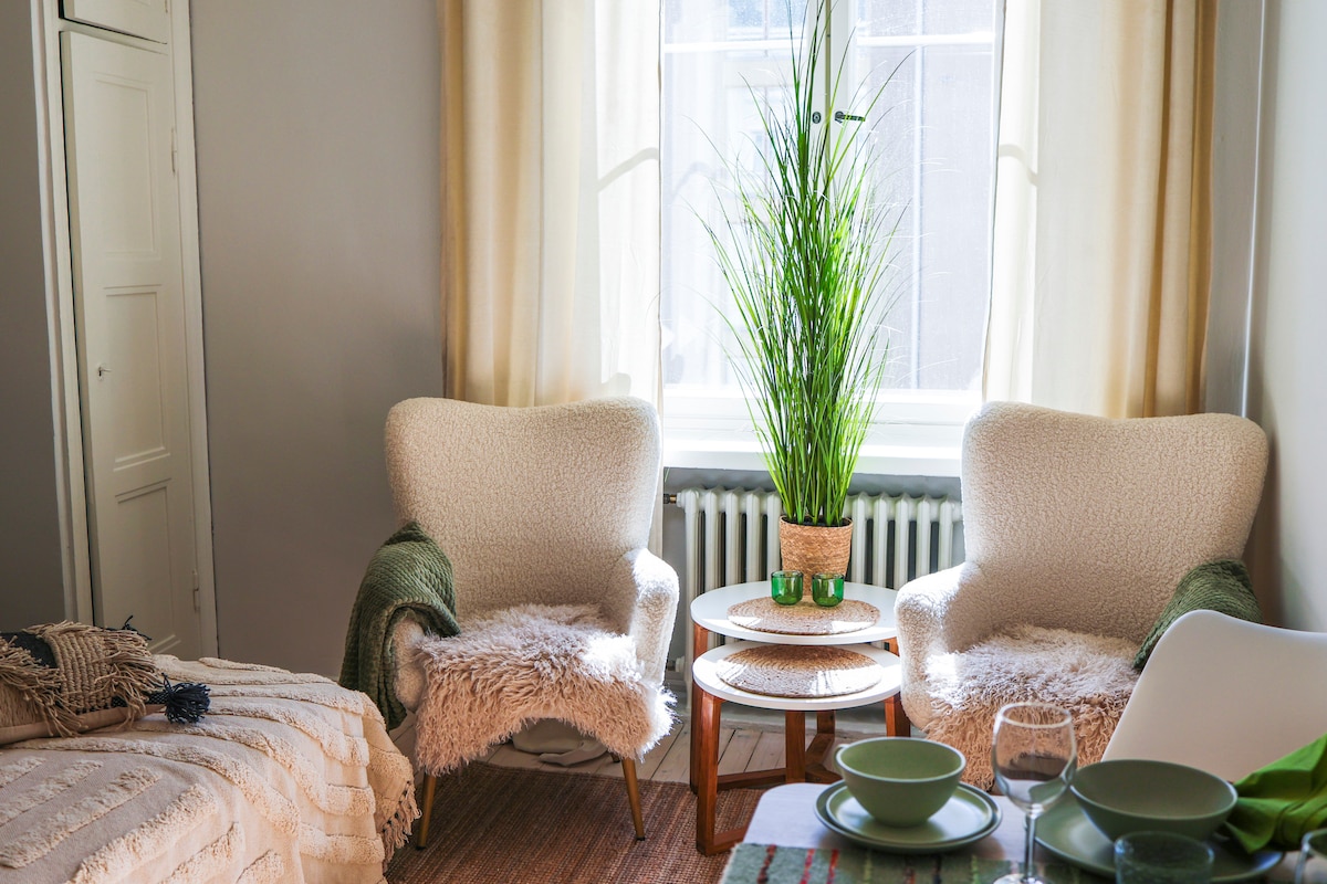 Two armchairs with fluffy white covers are situated near a window, allowing natural light to fill the space. A tall green plant is positioned on a round table between the chairs. A cozy woven rug adds warmth to the inviting interior.