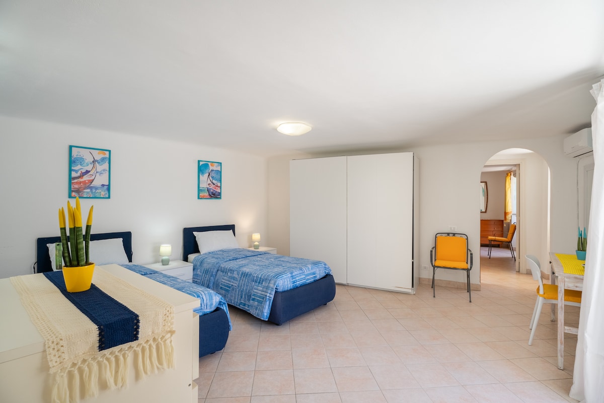 Dormitorio con dos camas individuales, armario y escritorio para trabajar