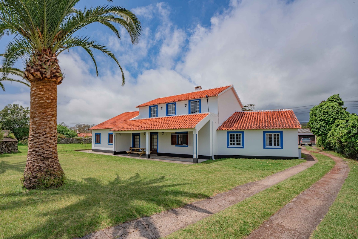 A traditional-style home features a red-tiled roof and blue window frames, surrounded by lush green grass and palm trees. The inviting porch offers ample outdoor space, while a winding pathway leads towards the entrance, all under a partly cloudy sky.