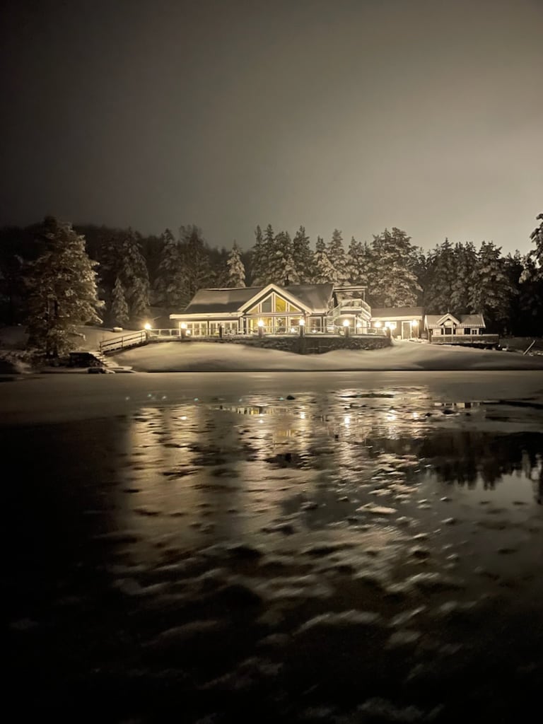 A tranquil winter scene is depicted, featuring a house illuminated by soft lights, surrounded by snow-covered ground. Reflections can be seen on the water, while trees frame the background, creating a serene atmosphere under a night sky.