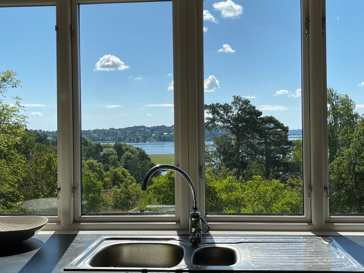 A kitchen sink is positioned in front of large windows, offering a scenic view of the water and green landscape. Bright sunlight illuminates the space, and clouds are scattered across the blue sky.