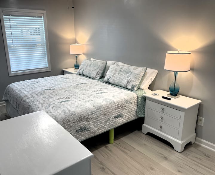 Glavna spavaća soba s velikim bračnim krevetom s tvrdom madracem od memorijske pjene s gelom za hlađenje, 50-inčnim Roku TV-om i velikim stropnim ventilatorom. 