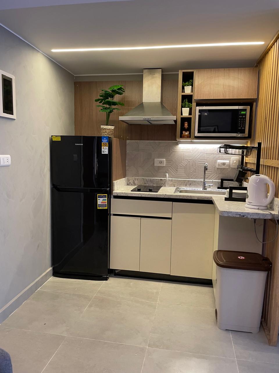 A compact kitchen area is equipped with modern appliances, including a black refrigerator, microwave, and a sink. A stylish countertop provides workspace, accented with green plants. Cabinets above offer storage, while a small bin and kettle complete the functional setup.