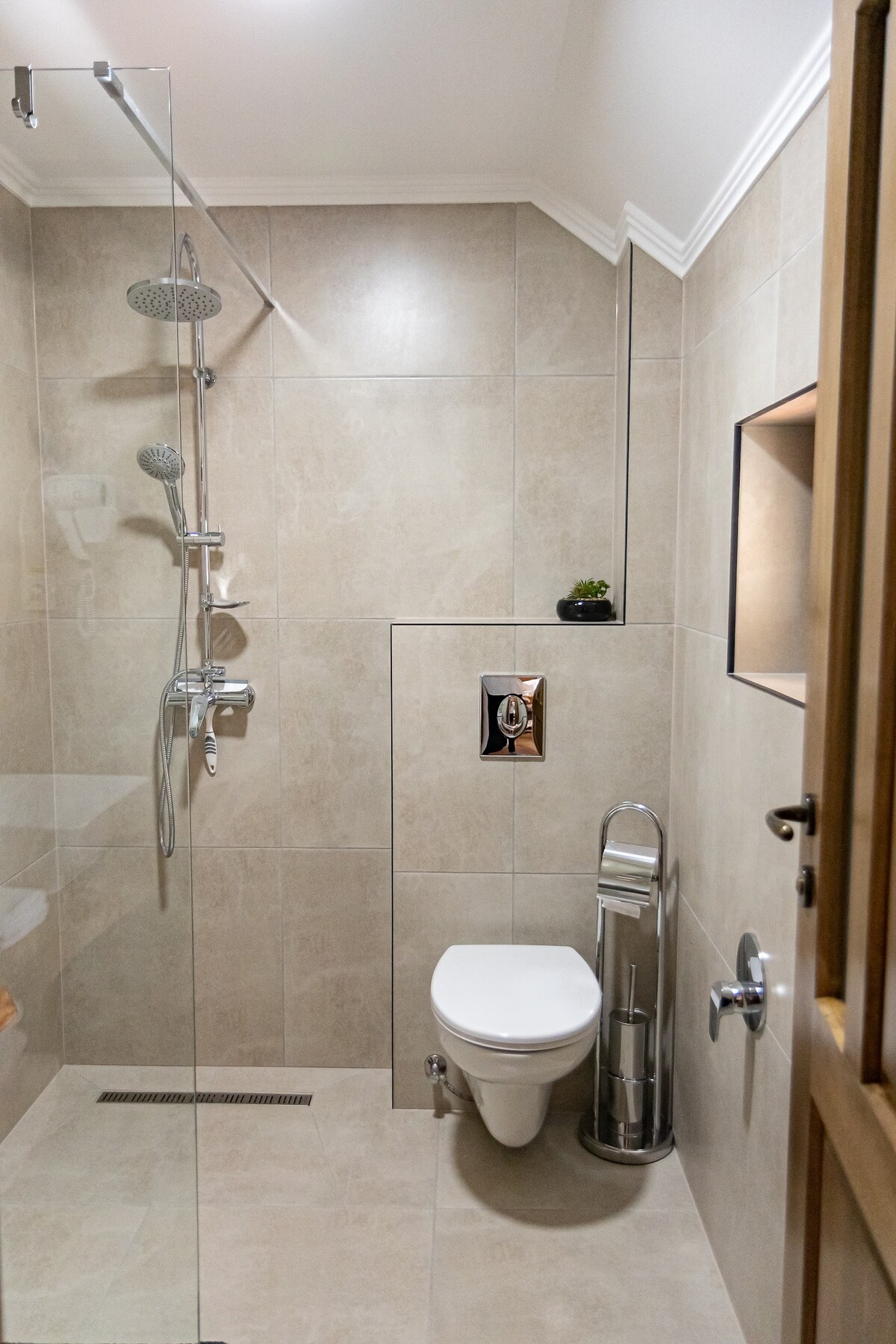 A modern bathroom features a spacious shower with dual showerheads, a sleek toilet, and a chrome toilet paper holder. Light-colored tiles enhance the bright ambiance, while a small potted plant is displayed on a ledge, adding a touch of greenery to the space.