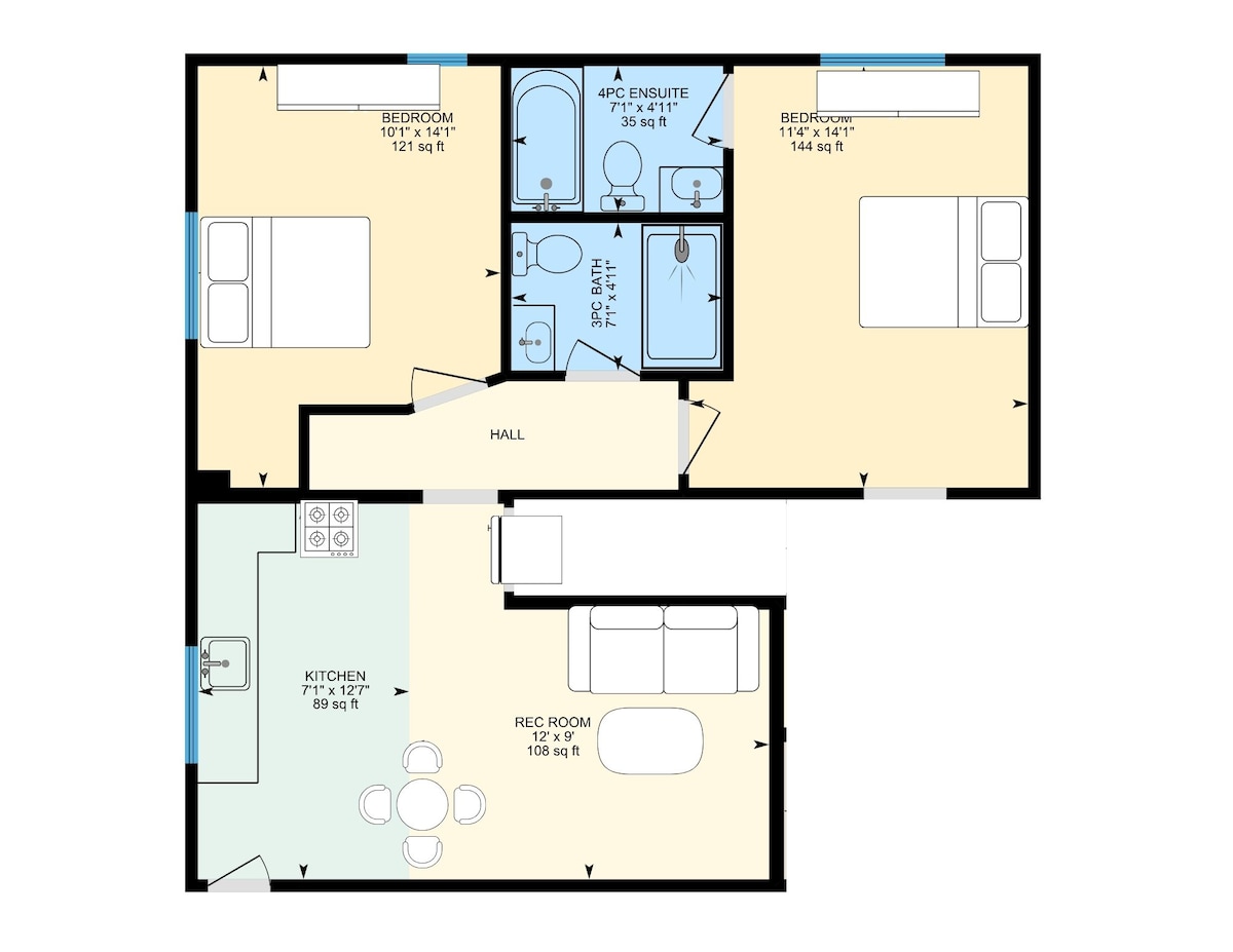 A detailed floor plan illustrates the layout of the space. Two bedrooms are connected by a hall, each with its own bathroom. A kitchen area features a dining table and seating, while a rec room provides additional space for relaxation and activities.