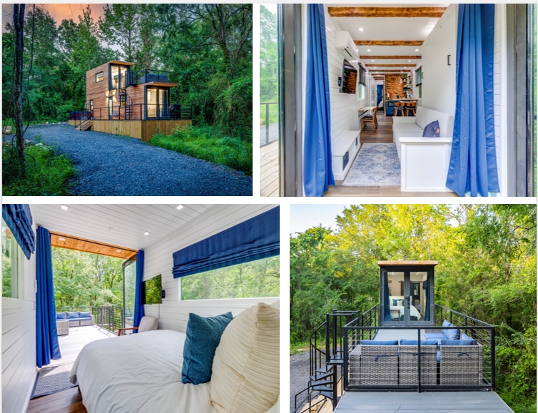 A modern micro cabin is nestled among trees, featuring a gravel pathway leading to an elevated porch with a seating area. Views of the surrounding greenery are visible through large windows draped in blue curtains.