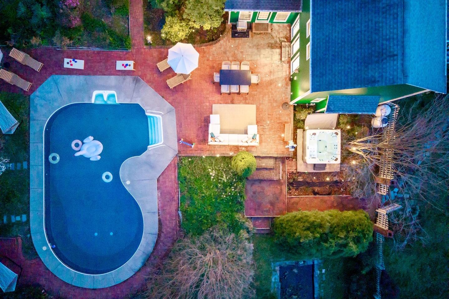 Aerial view of the pool and hot tub