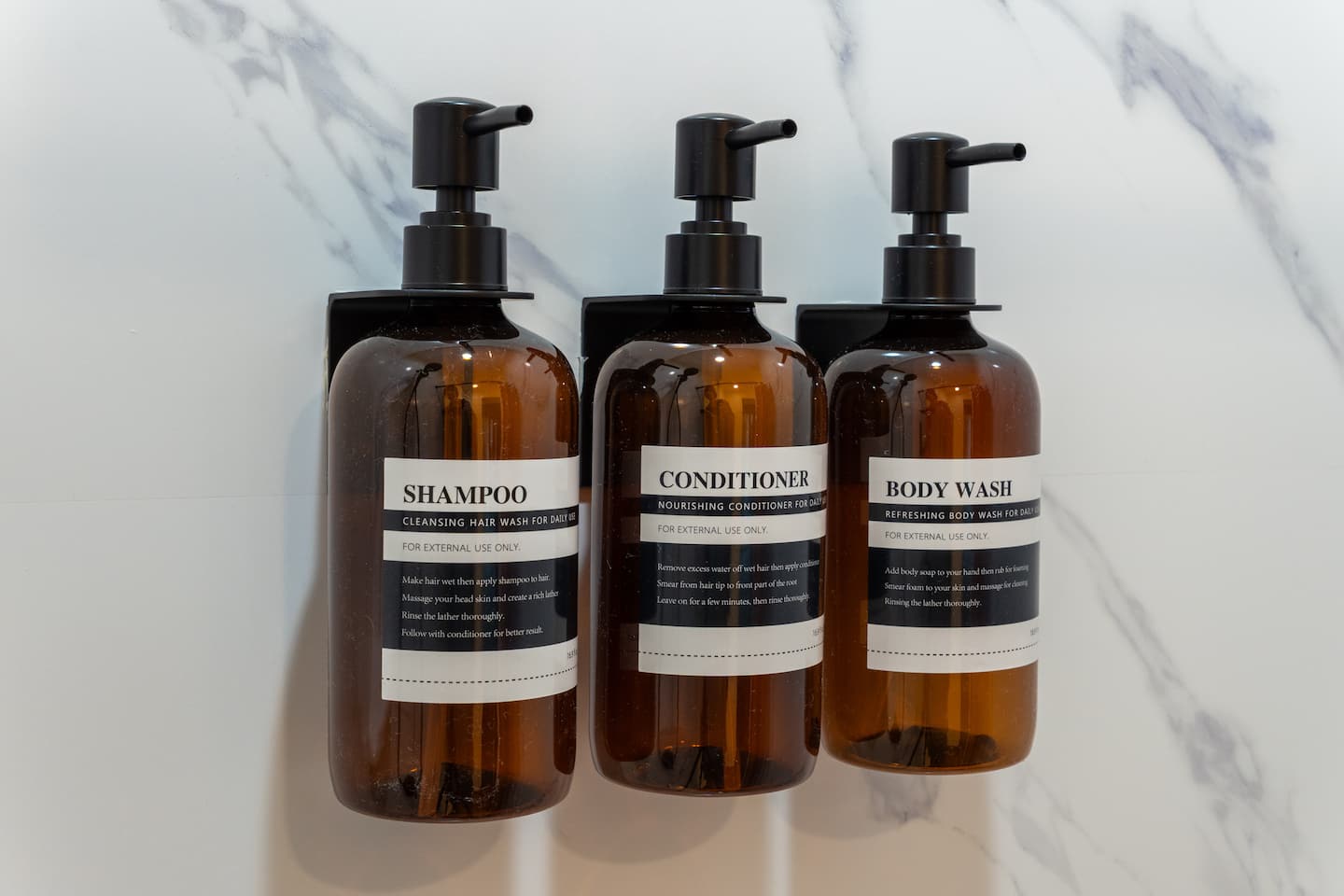 Bathroom amenities, shampoo and body wash