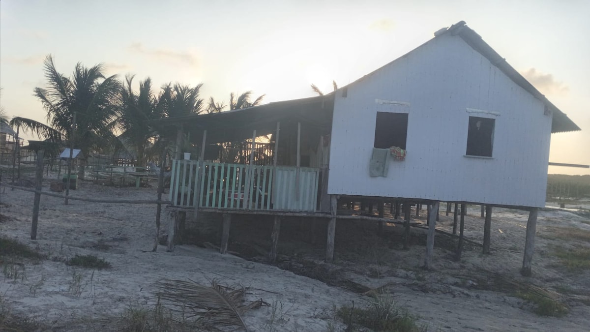 A seaside accommodation is situated on stilts, surrounded by a sandy area. Palm trees are visible nearby, swaying gently in the breeze. The structure features a simple, rustic exterior with a few windows and a porch area, bathed in soft light during sunset.