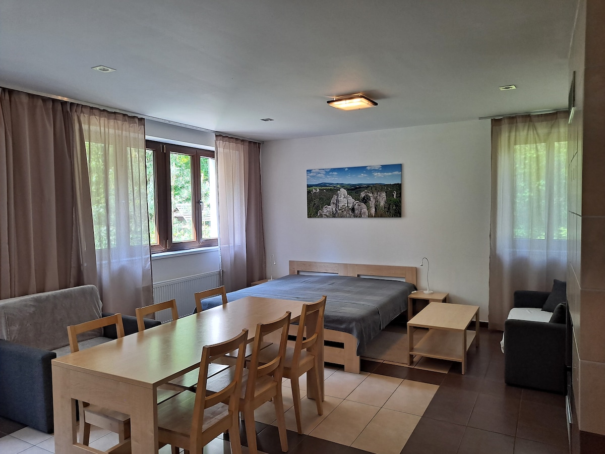 A spacious living area features large windows draped with soft curtains, allowing natural light to fill the room. A dining table with six chairs is positioned next to a cozy seating area, which includes a sofa. A wall-mounted artwork adds a touch of color to the space.