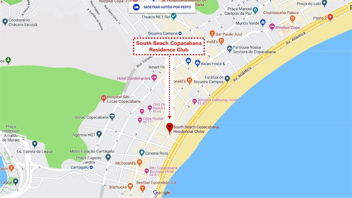 A detailed map displaying the South Beach Copacabana Residence Club location along with nearby streets and coastal proximity. Various landmarks and transportation routes are outlined, providing a clear view of the surrounding area, including restaurants and services available nearby.