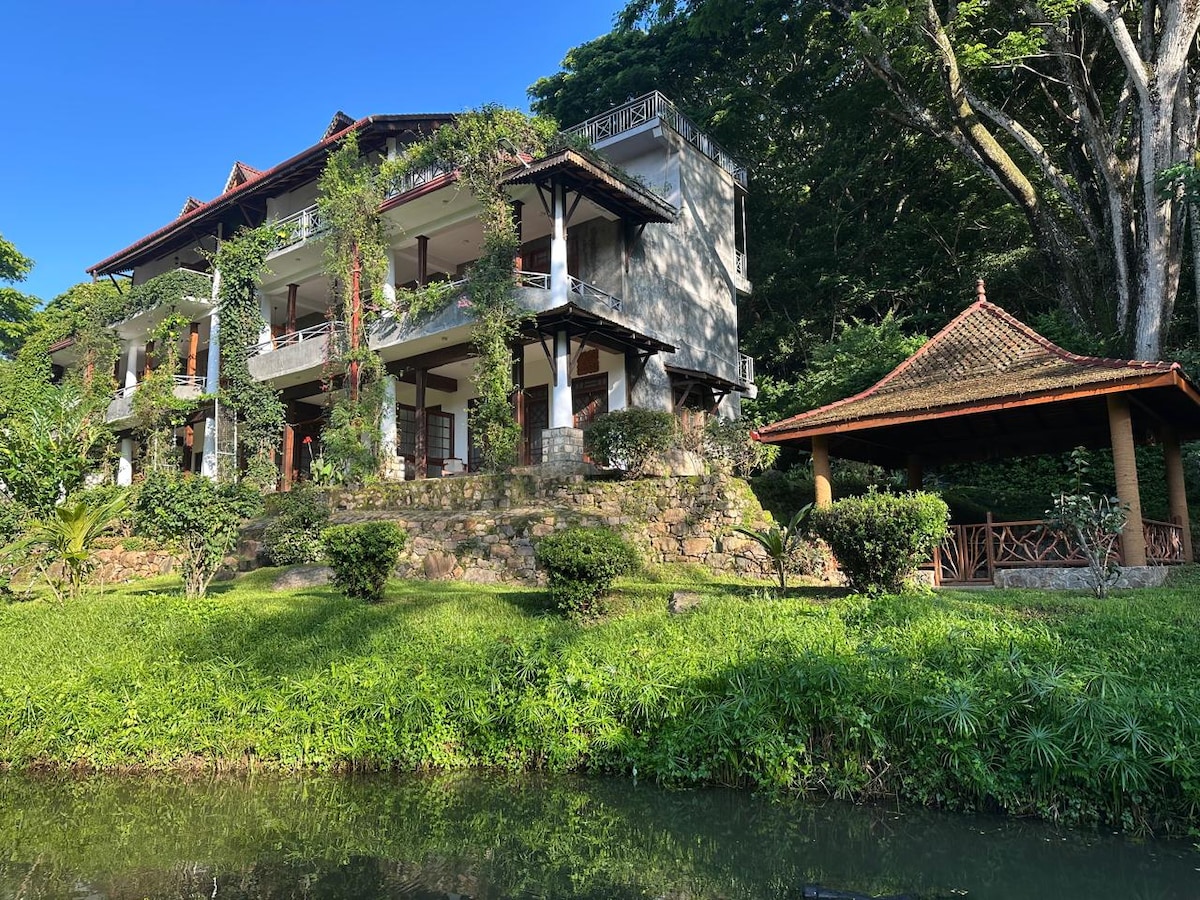 A multi-level structure surrounded by lush greenery is depicted. The building features spacious balconies and large windows, providing views of the garden. A gazebo made of wood is situated nearby, adding to the serene landscape accentuated by a pond and various plants.