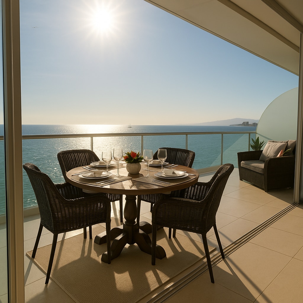 A private balcony dining area features a round table set for four with elegant dinnerware. Comfortable wicker chairs are positioned around the table. The backdrop displays a vast ocean view under a sunlit sky, creating a serene atmosphere.