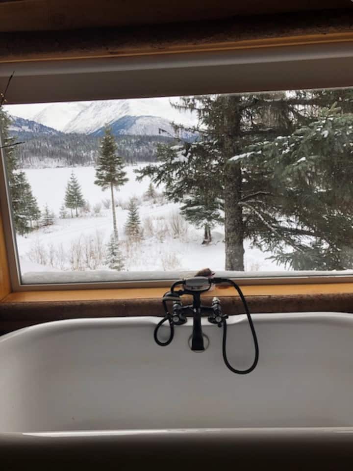 Spectacular treehouse claw foot tub w/ lake view.