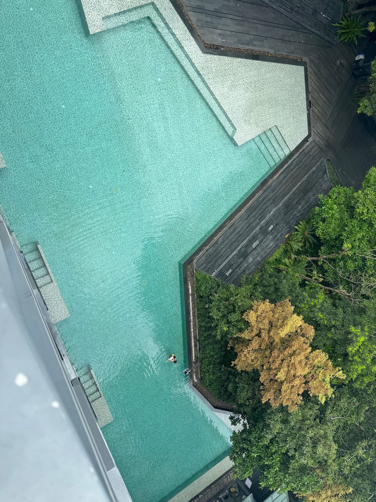 An aerial view captures a modern pool surrounded by wooden decking and lush greenery. The pool features a tranquil blue hue, with a person swimming in the distance. The design combines natural elements and contemporary architecture, providing a serene atmosphere.