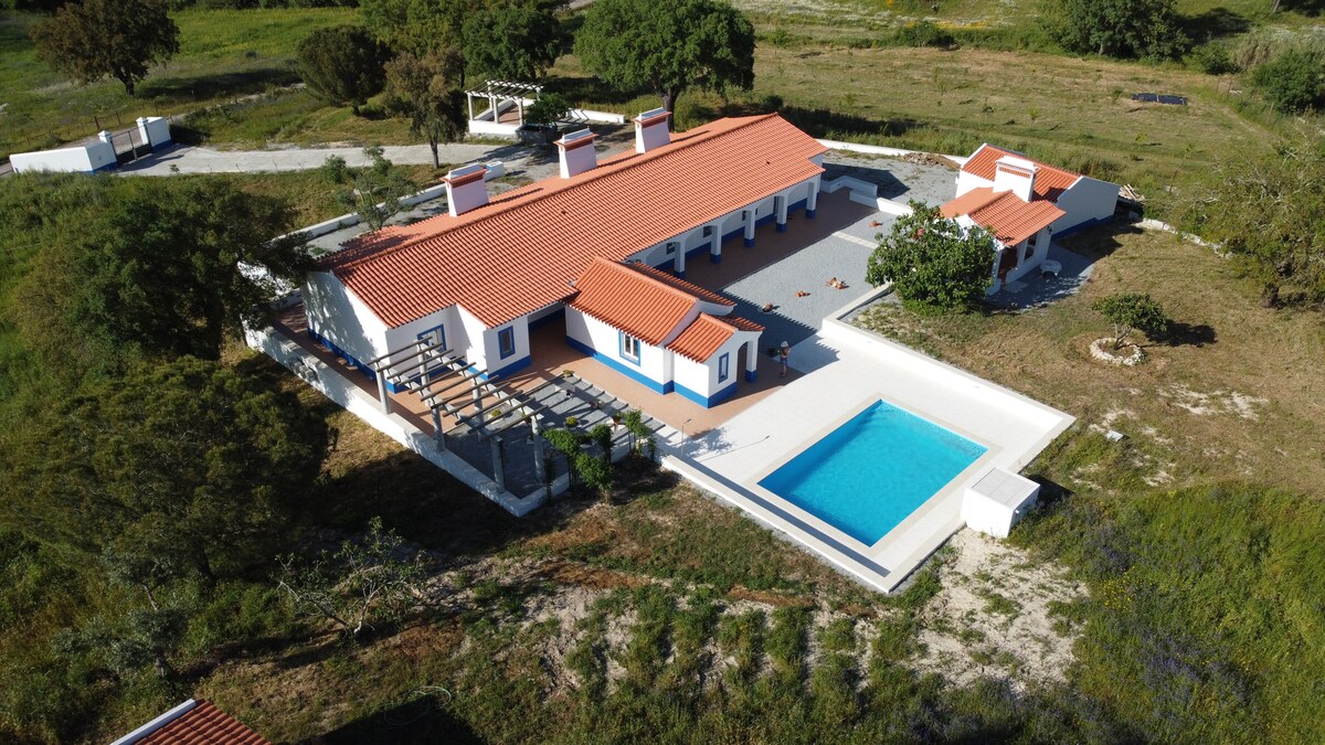 An aerial view of a spacious property featuring a rectangular swimming pool surrounded by a deck. The single-story building is framed by a vivid red-tiled roof and has white exterior walls with blue accents. Lush greenery and a gravel path enhance the overall outdoor setting.